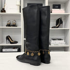 Chanel CC Logo Leather Chain Coin Charm Long Boots Black — view 4