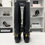 Chanel CC Logo Leather Chain Coin Charm Long Boots Black — view 5