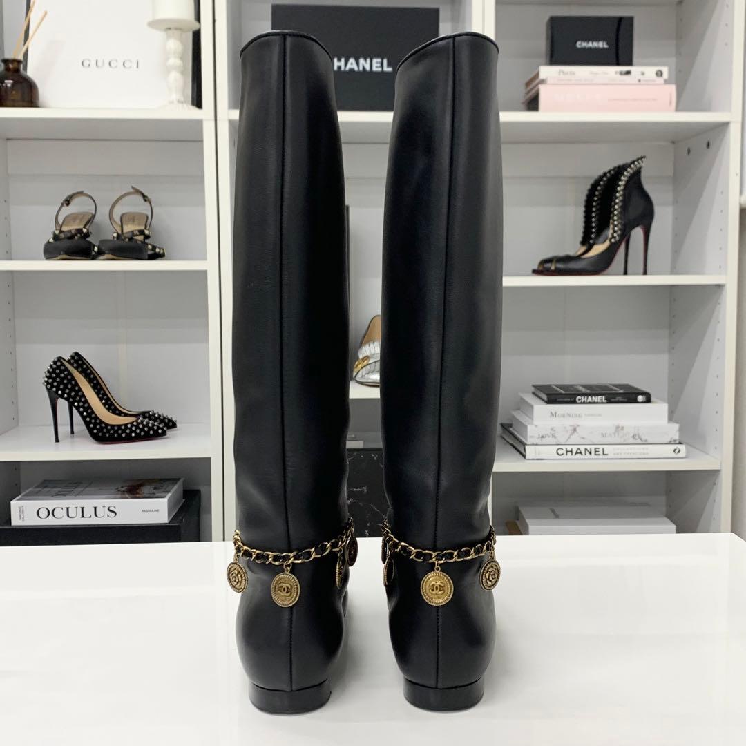Chanel CC Logo Leather Chain Coin Charm Long Boots Black — view 5