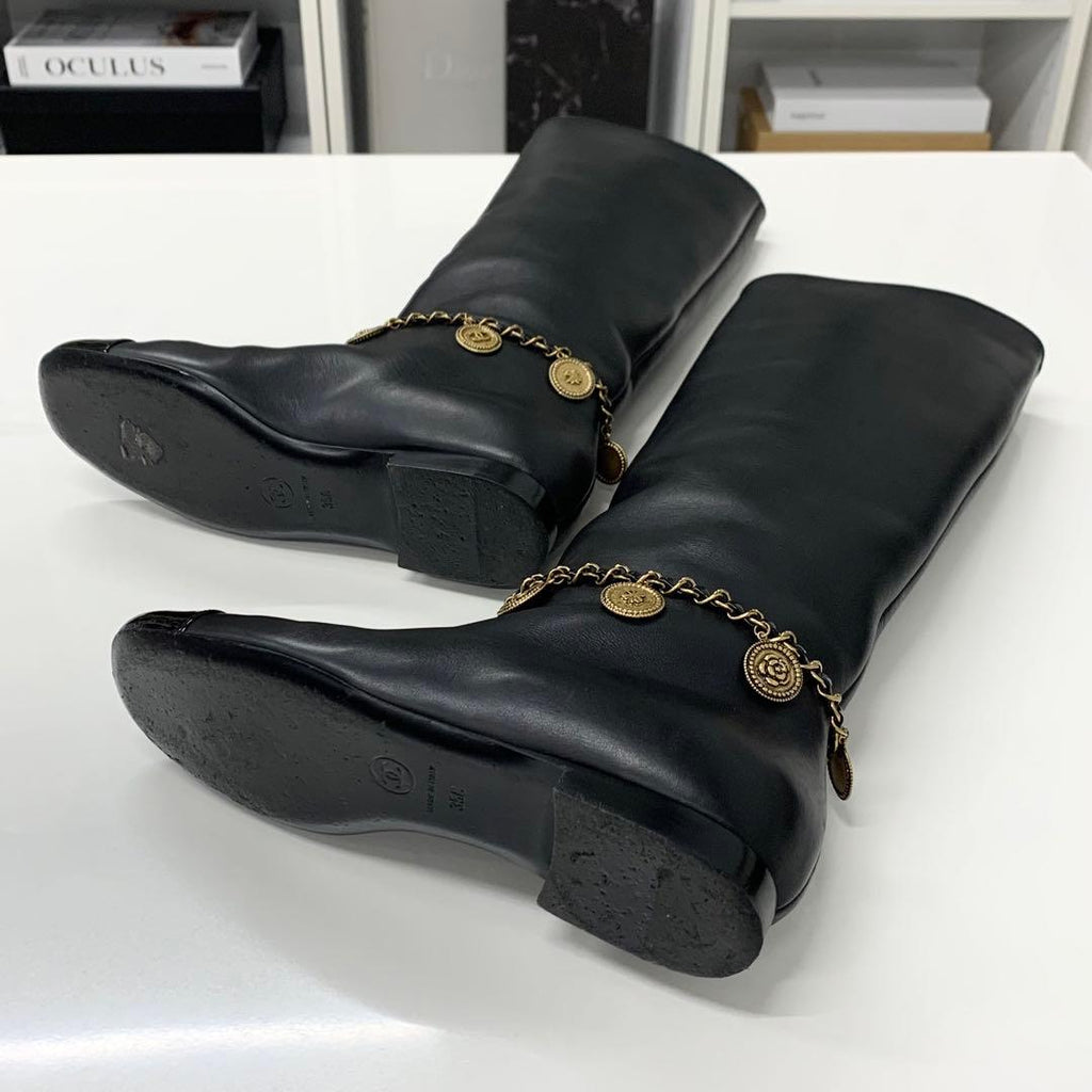 Chanel CC Logo Leather Chain Coin Charm Long Boots Black — view 6