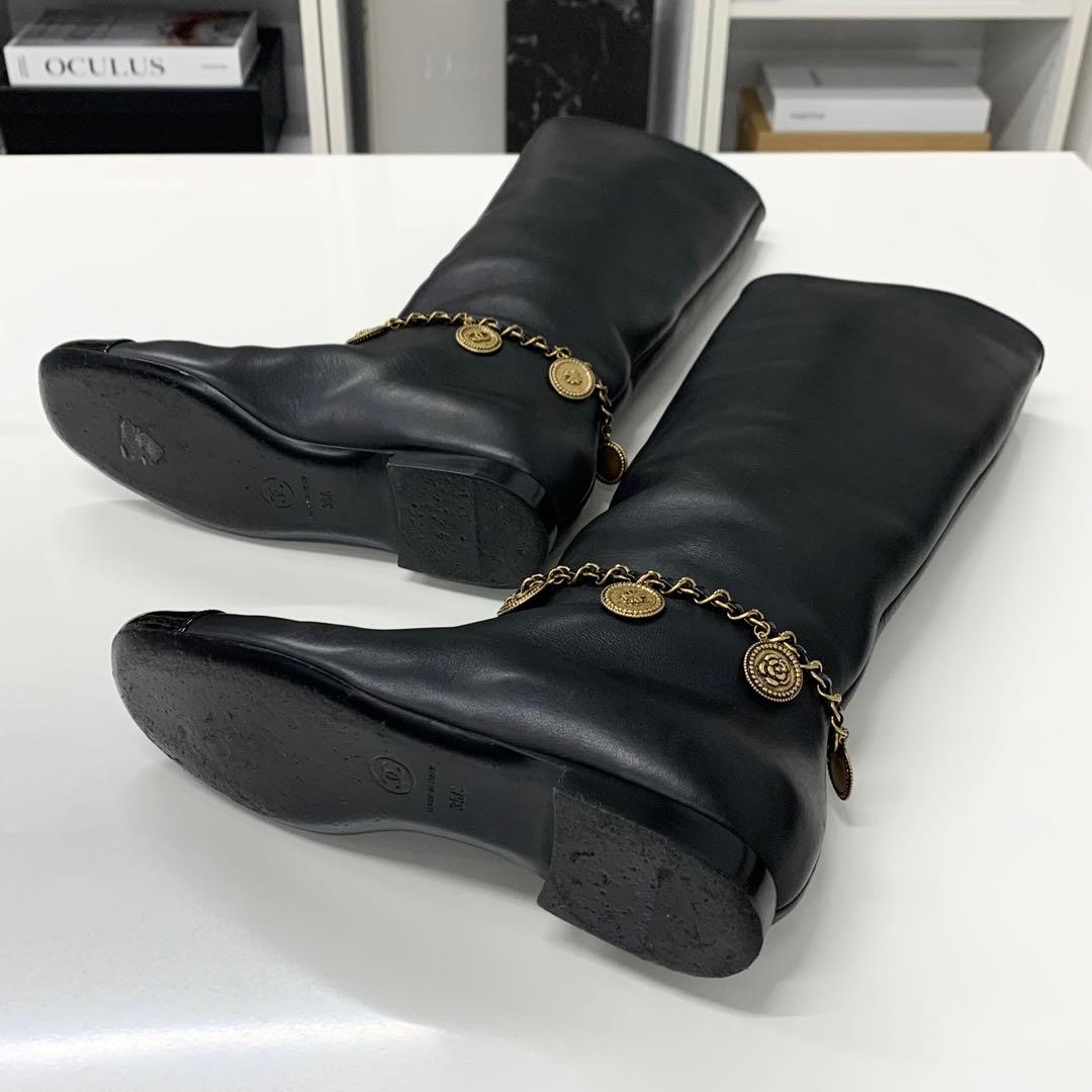 Chanel CC Logo Leather Chain Coin Charm Long Boots Black — view 6
