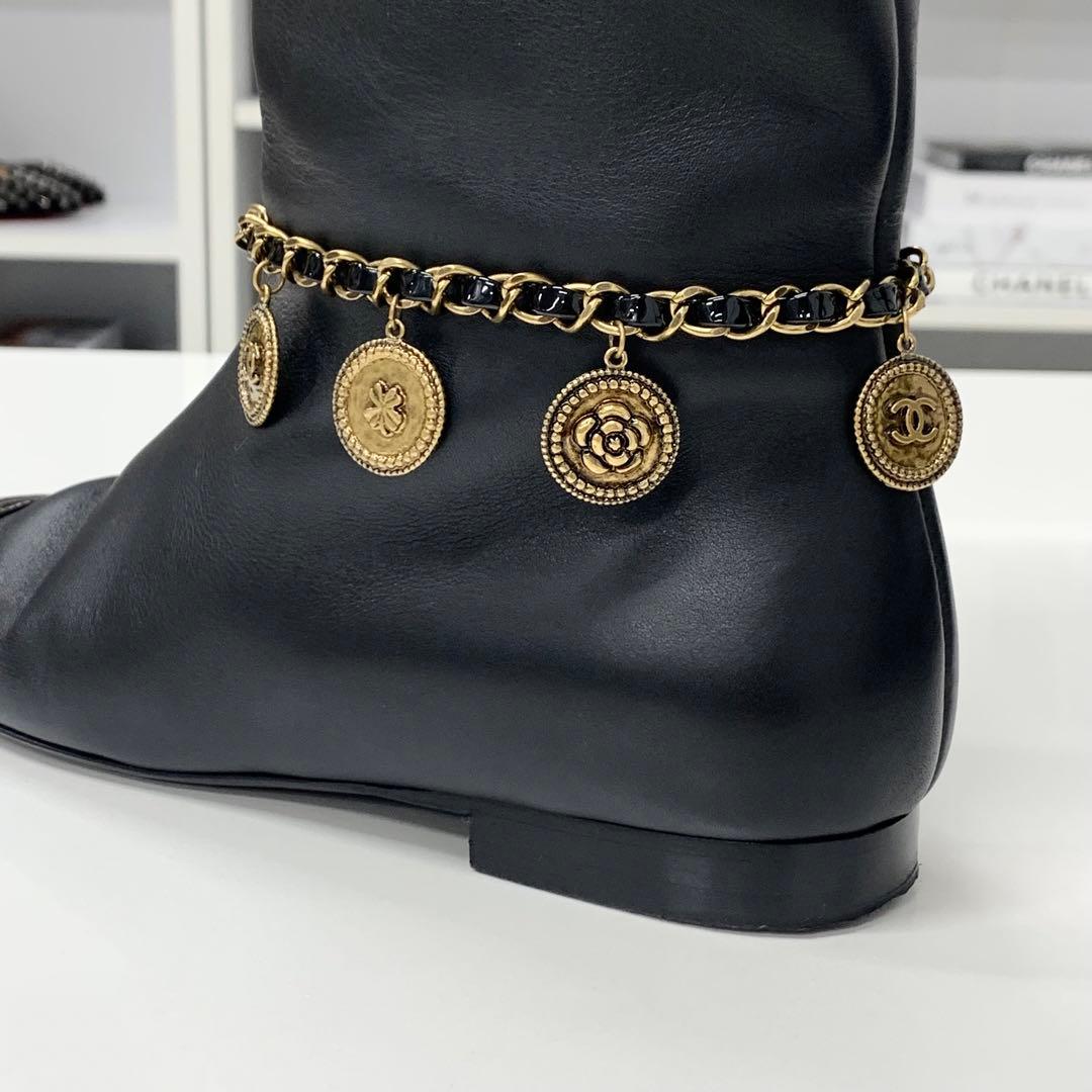 Chanel CC Logo Leather Chain Coin Charm Long Boots Black — view 8