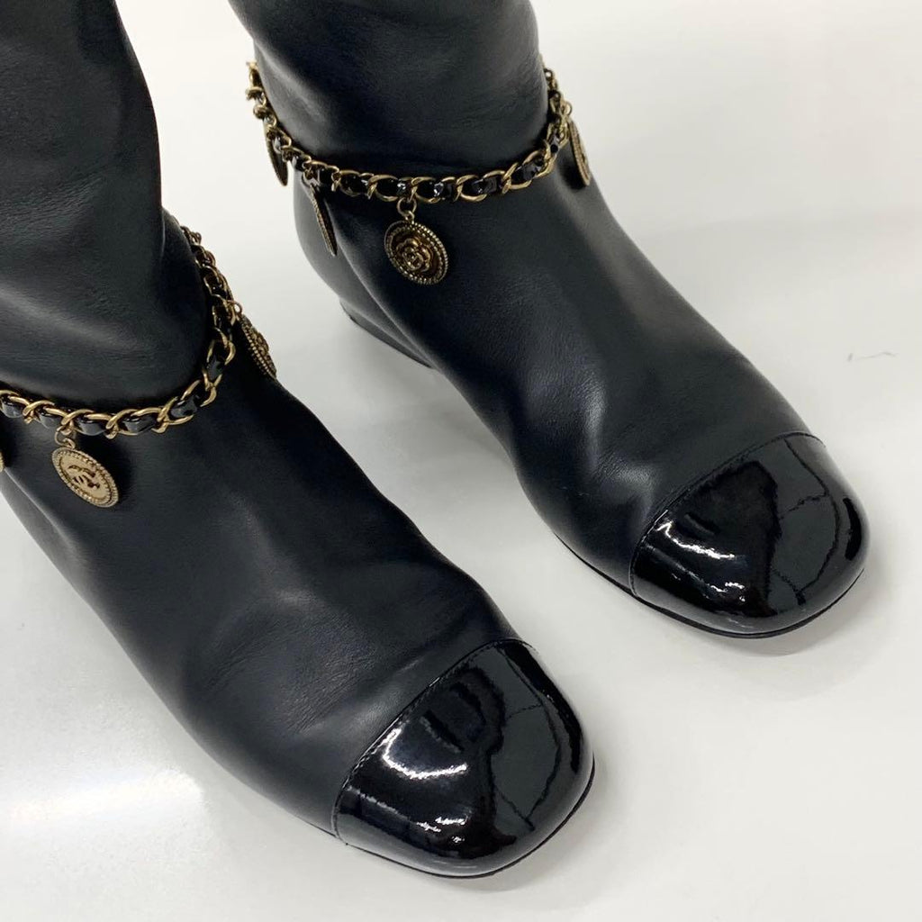 Chanel CC Logo Leather Chain Coin Charm Long Boots Black — view 9