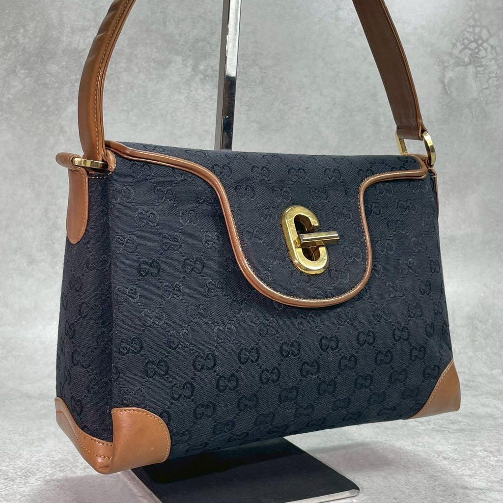 Gucci GG Handbag Black Brown Leather Gold