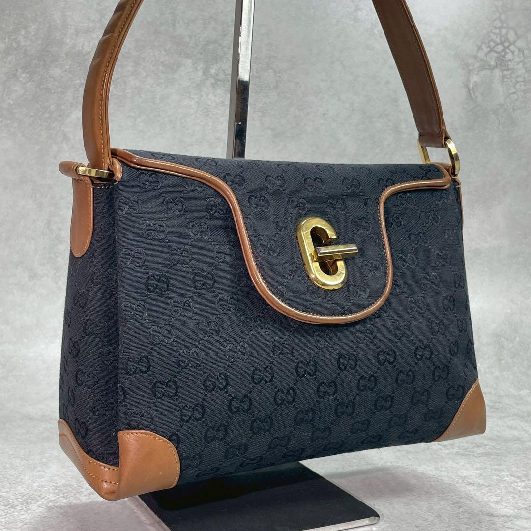Gucci GG Handbag Black Brown Leather Gold