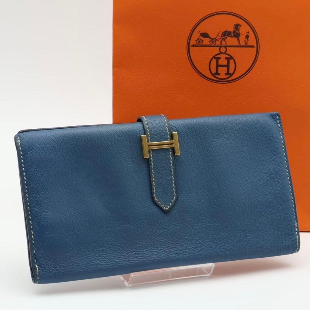 Hermes Bearn Classic Wallet Chevre Blue Gold