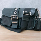 Prada Nylon Leather Double Pocket Shoulder Bag Black