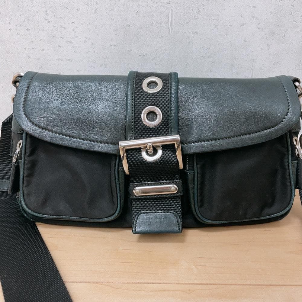Prada Nylon Leather Double Pocket Shoulder Bag Black — view 2