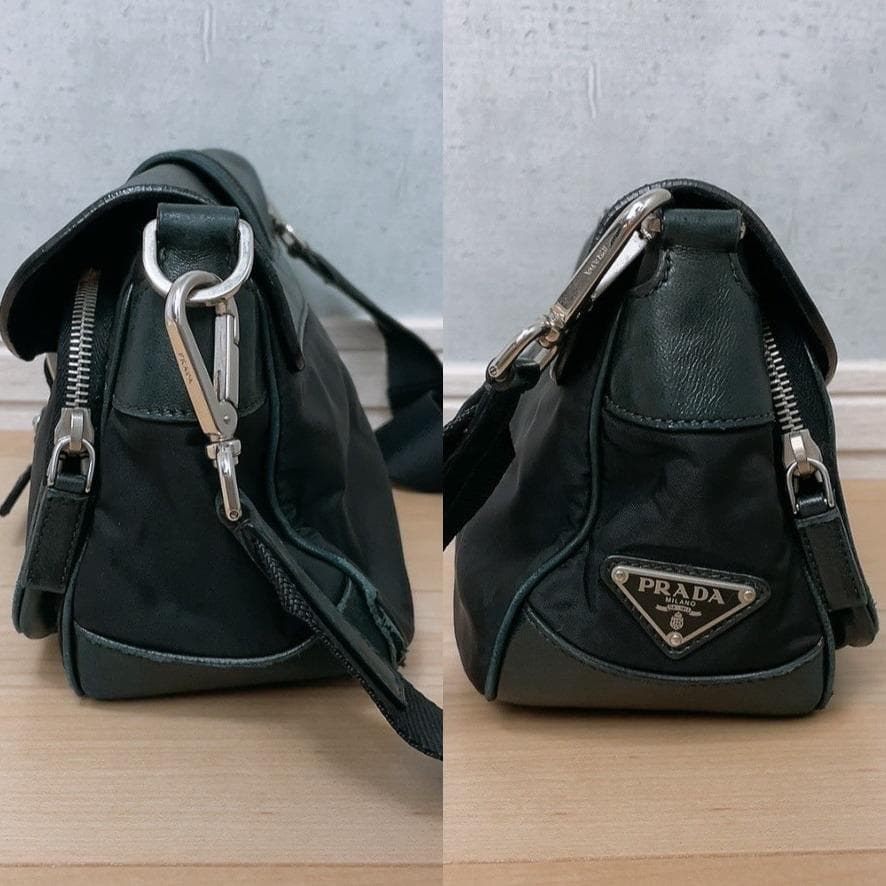 Prada Nylon Leather Double Pocket Shoulder Bag Black — view 4
