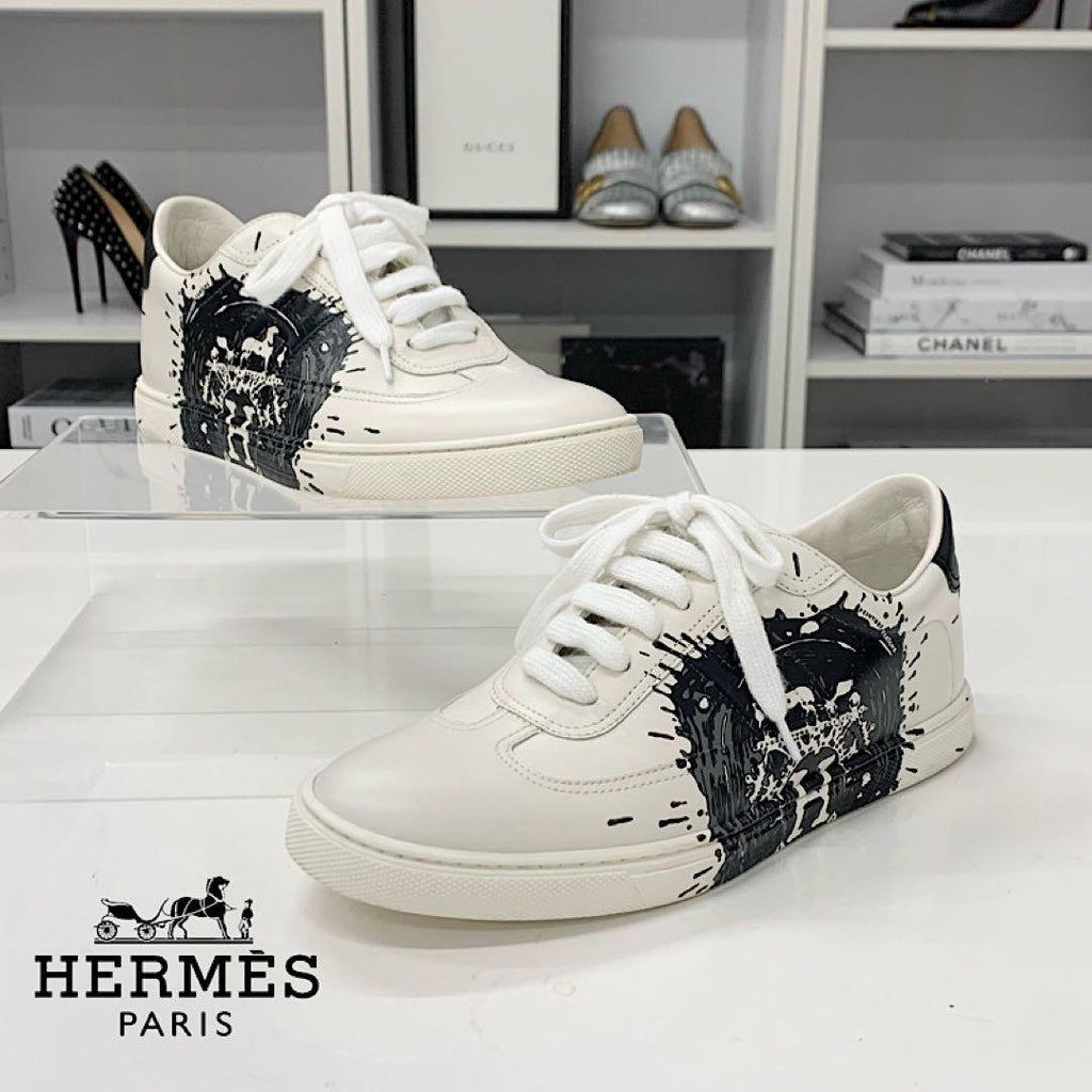 Hermes Quicker Leather Fresh Paint Sneakers White Black