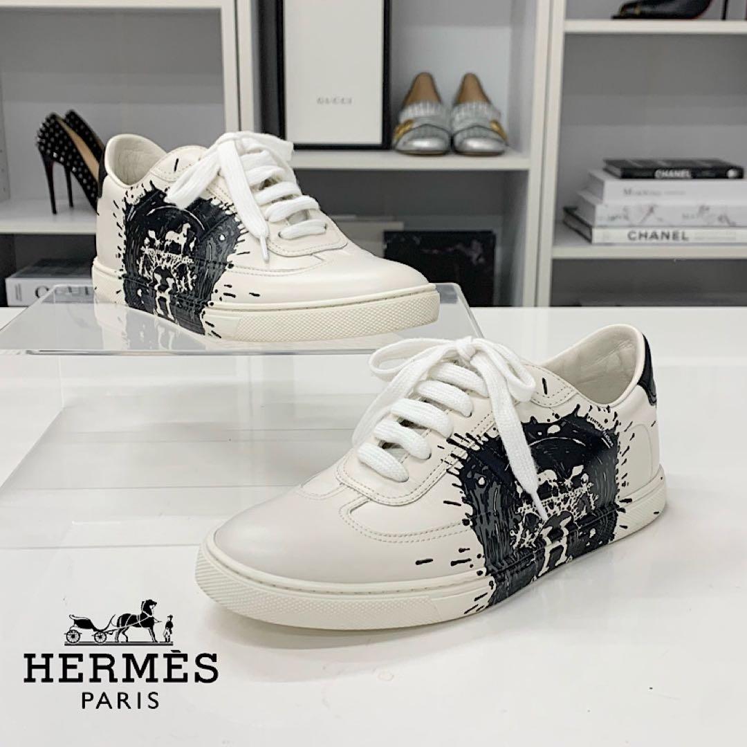 Hermes Quicker Leather Fresh Paint Sneakers White Black
