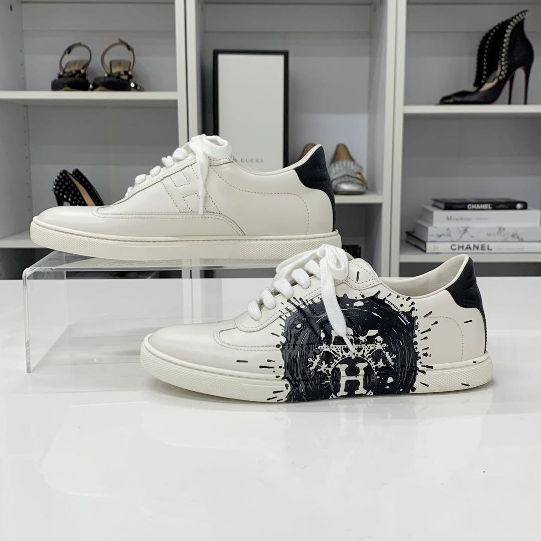 Hermes Quicker Leather Fresh Paint Sneakers White Black — view 2
