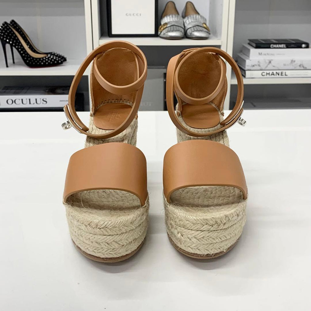 Hermes Tipoli Leather Kelly Wedge Sole Espadrilles Sandals — view 4