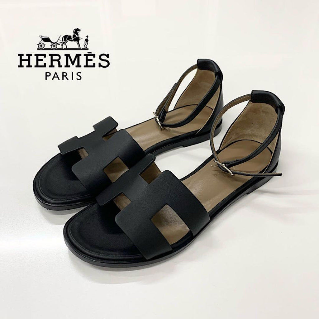 Hermes Santorini Leather Strap Flat Sandals Black