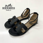Hermes Santorini Leather Strap Flat Sandals Black