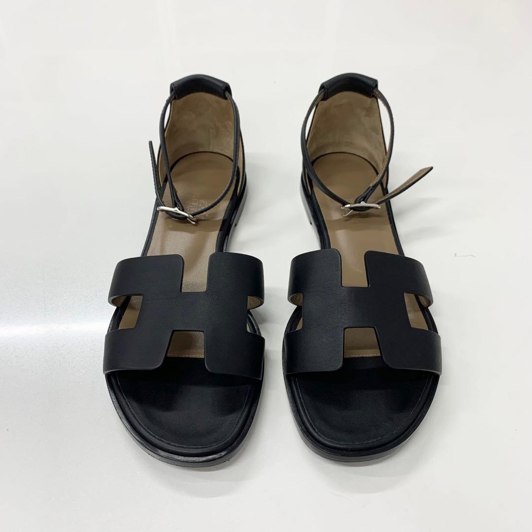 Hermes Santorini Leather Strap Flat Sandals Black — view 2