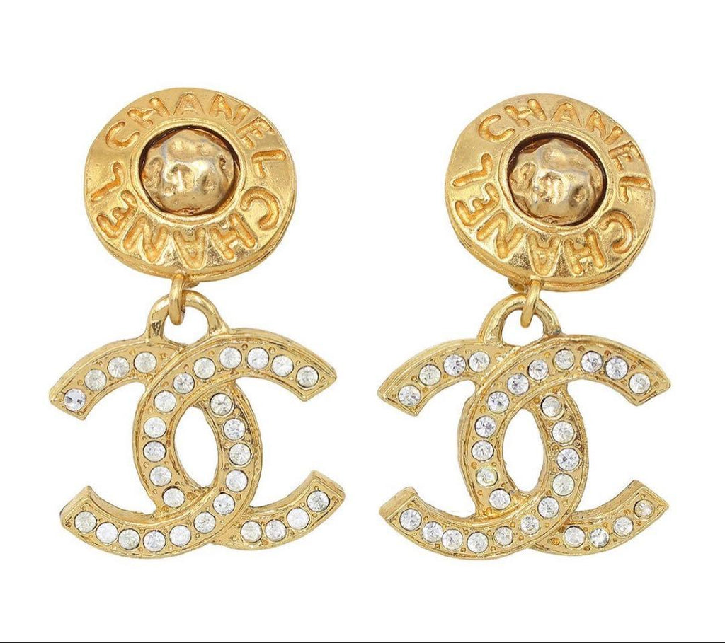 Chanel CC Logo Rhinestone Swing Earrings