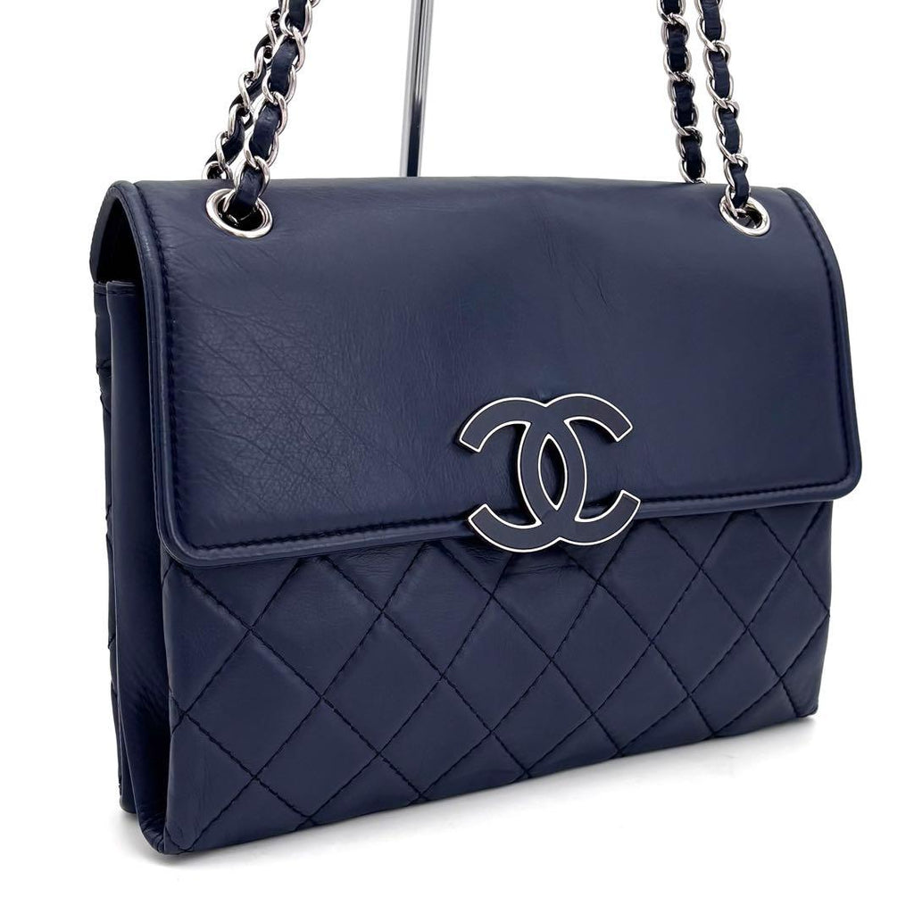 Chanel Quilted Chain Shoulder Bag Navy Lambskin Silver