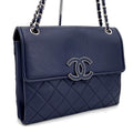 Chanel Quilted Chain Shoulder Bag Navy Lambskin Silver