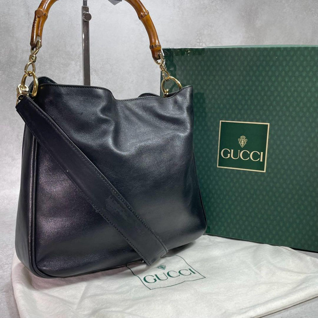Gucci Shoulder Bag 2-Way Bamboo Black Gold