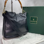 Gucci Shoulder Bag 2-Way Bamboo Black Gold