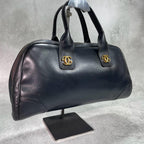 Gucci Handbag Black Leather Logo Gold