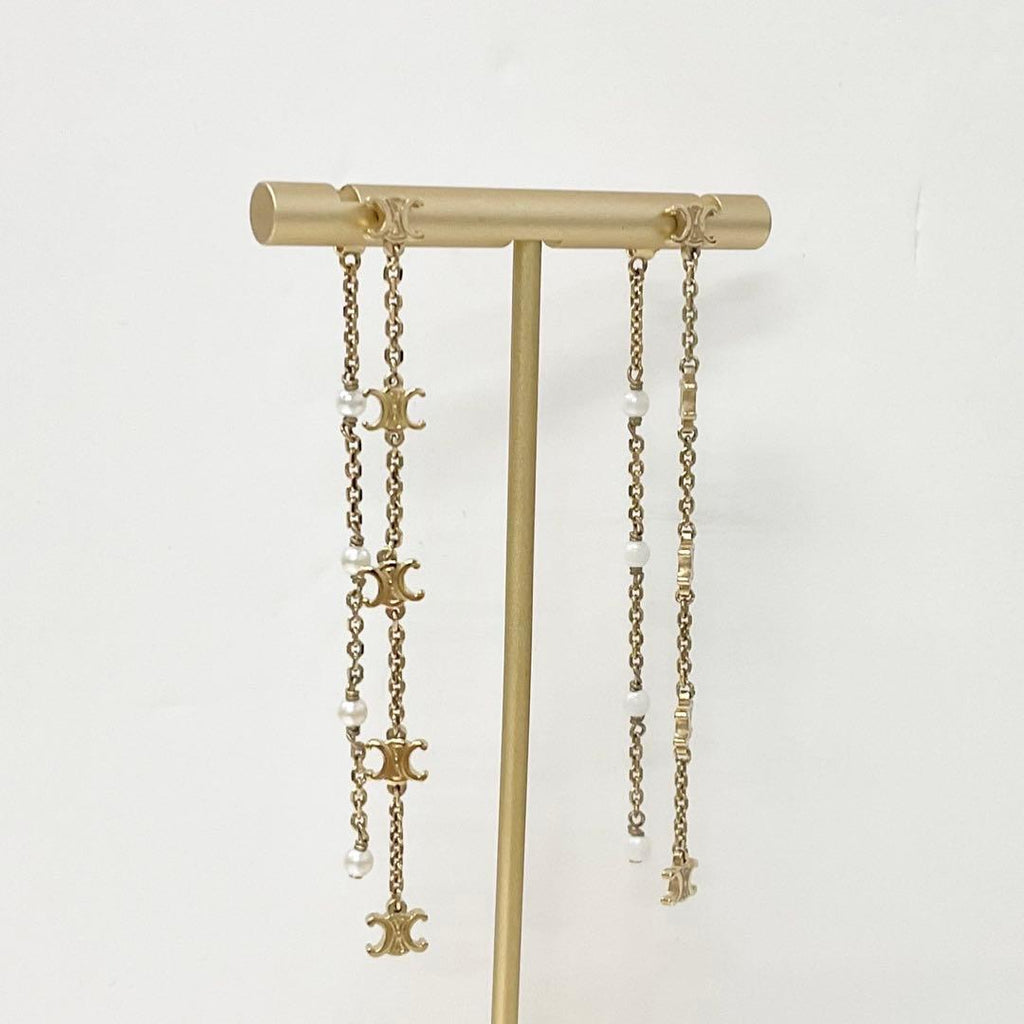 Celine Triomphe Pearl Long Earrings Gold — view 7