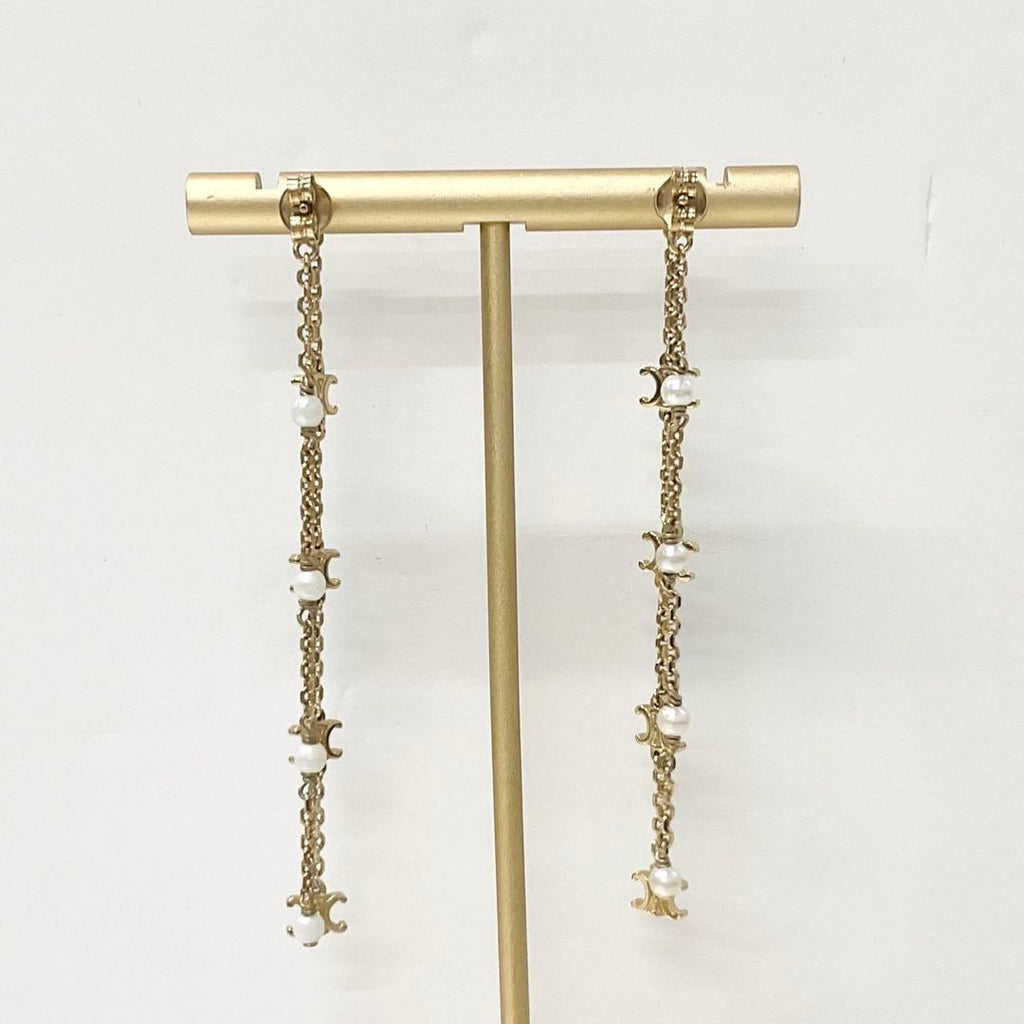 Celine Triomphe Pearl Long Earrings Gold — view 8