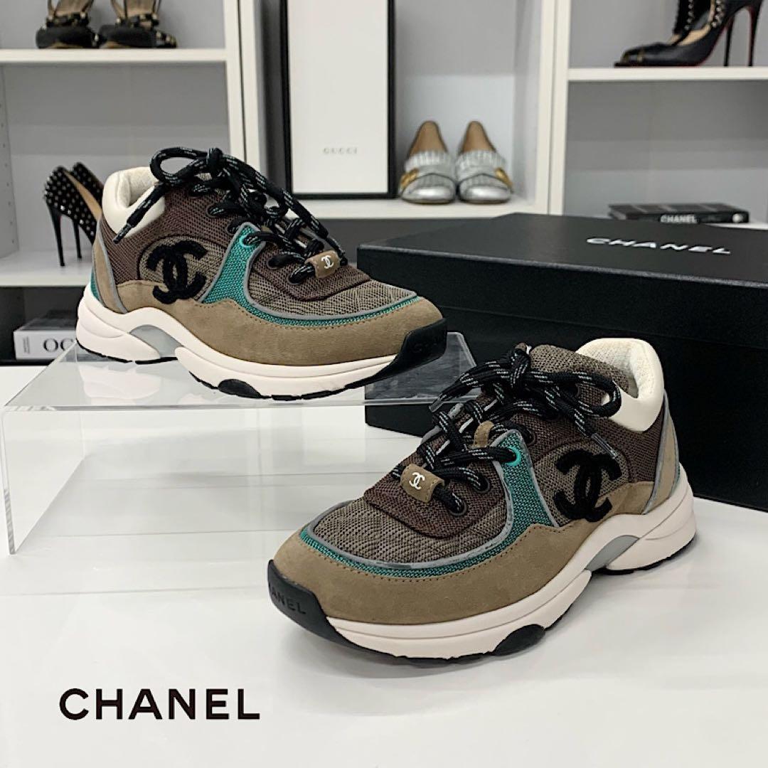 Chanel CC Logo Mesh Suede Leather Sneakers Brown