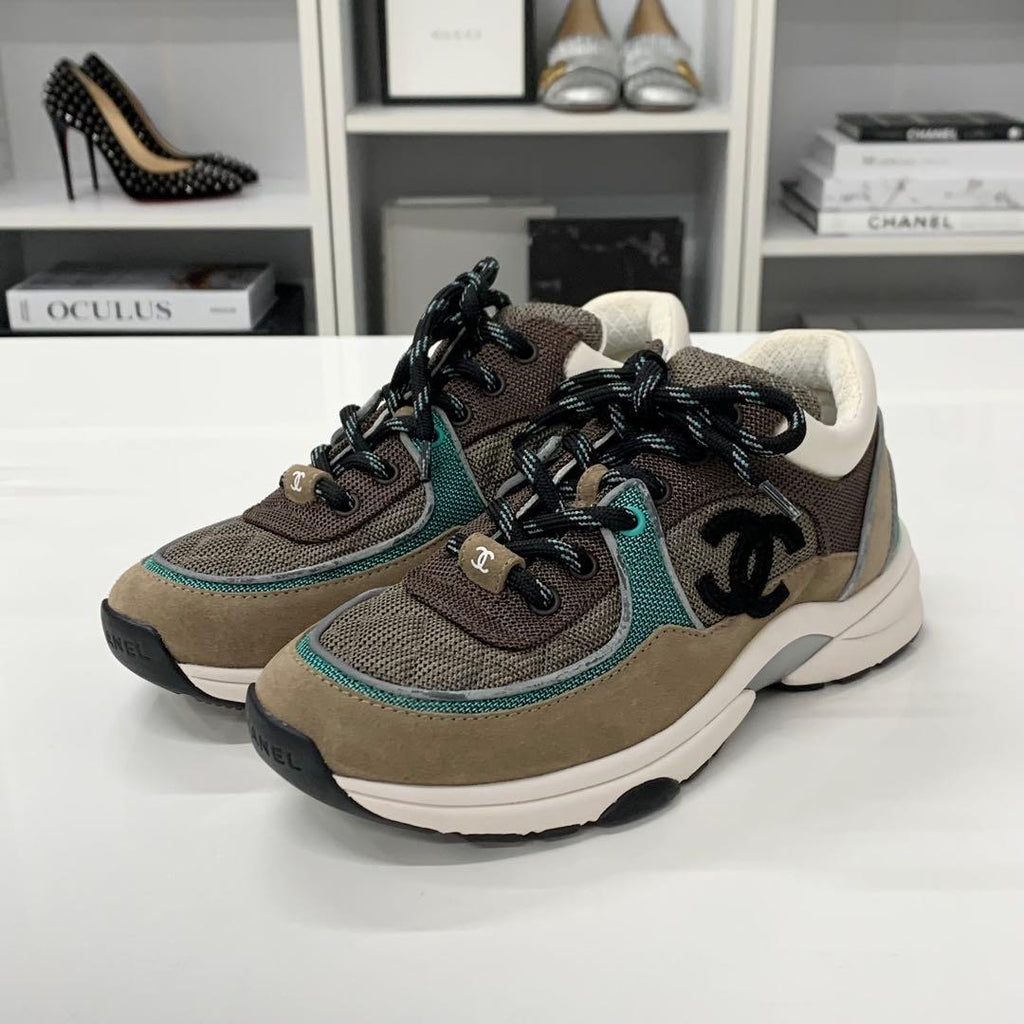 Chanel CC Logo Mesh Suede Leather Sneakers Brown — view 3