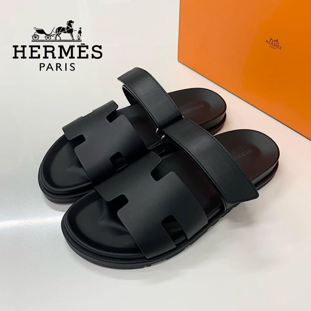 Hermes Chypre Leather Velcro Strap Flat Sandals