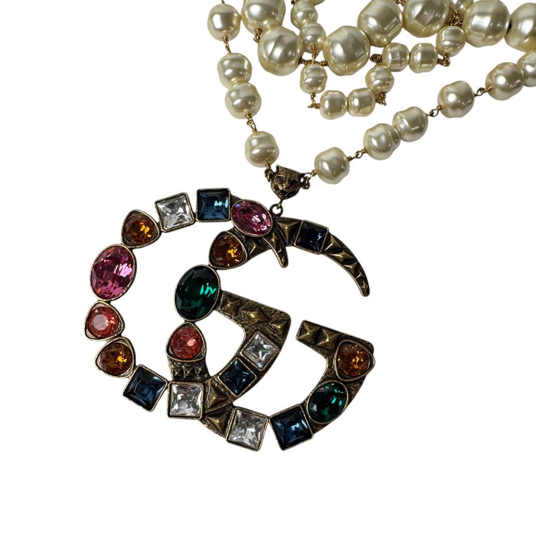 Gucci GG Logo Necklace Faux Pearl Color Stone