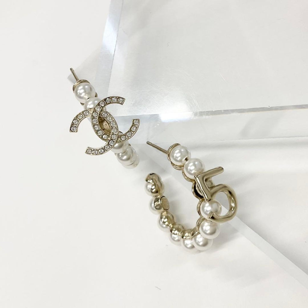Chanel Earrings CC Logo N5 Pearl Rhinestone Hoop