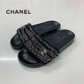 Chanel CC Logo Chain Fabric Leather Flat Sandals Navy
