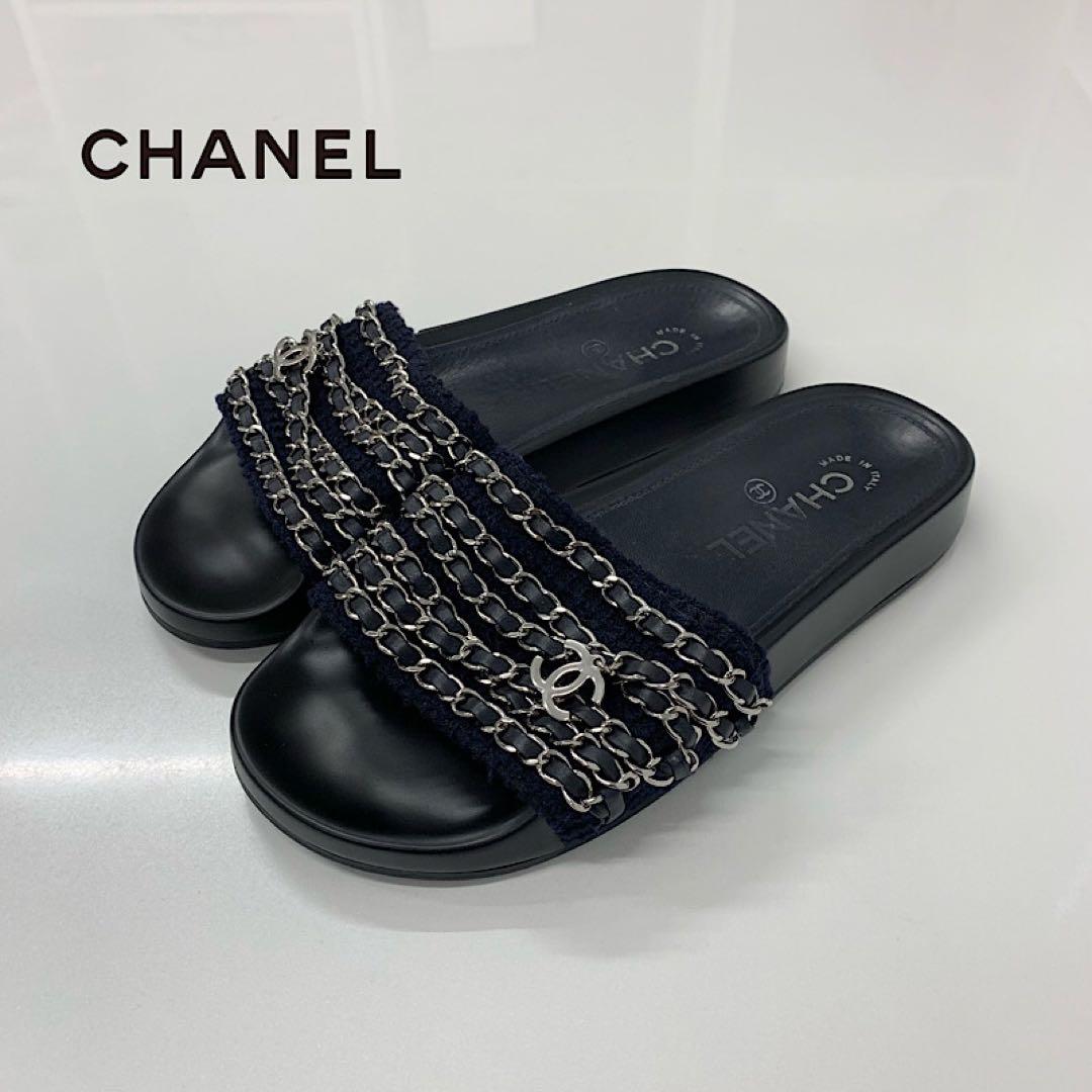 Chanel CC Logo Chain Fabric Leather Flat Sandals Navy