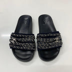 Chanel CC Logo Chain Fabric Leather Flat Sandals Navy — view 2