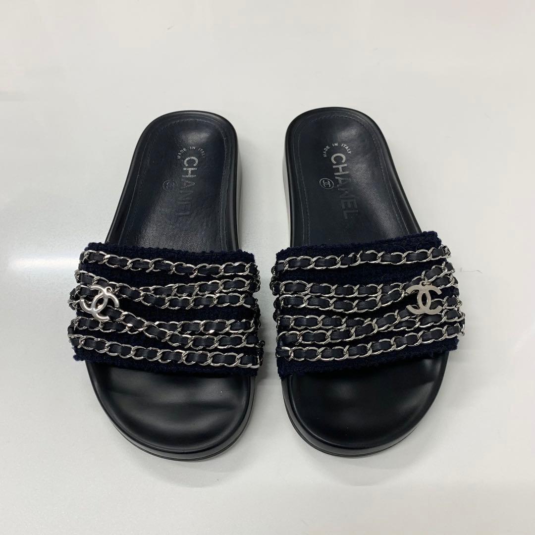 Chanel CC Logo Chain Fabric Leather Flat Sandals Navy — view 2