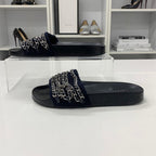 Chanel CC Logo Chain Fabric Leather Flat Sandals Navy — view 3