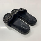Chanel CC Logo Chain Fabric Leather Flat Sandals Navy — view 4