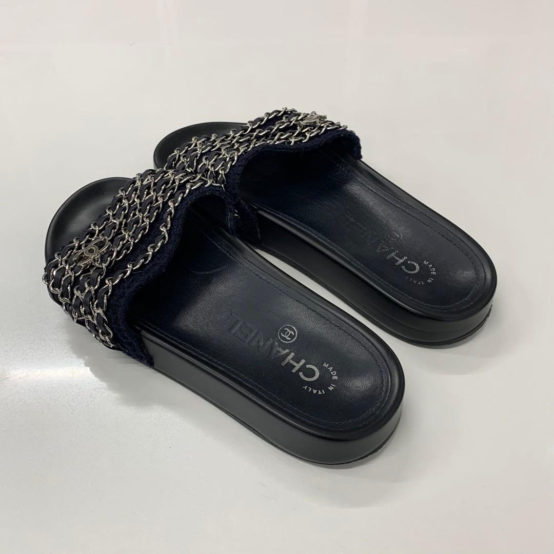Chanel CC Logo Chain Fabric Leather Flat Sandals Navy — view 4