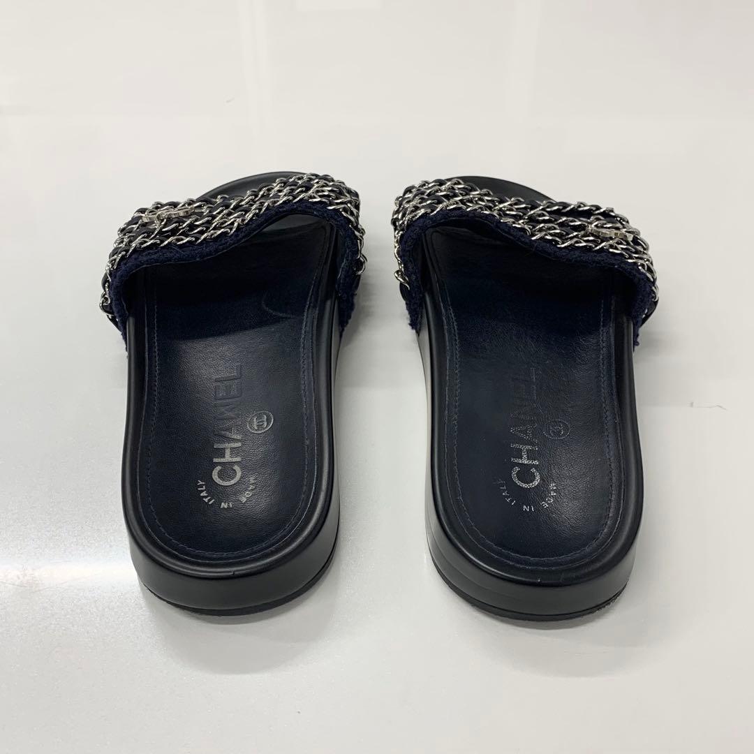 Chanel CC Logo Chain Fabric Leather Flat Sandals Navy — view 5