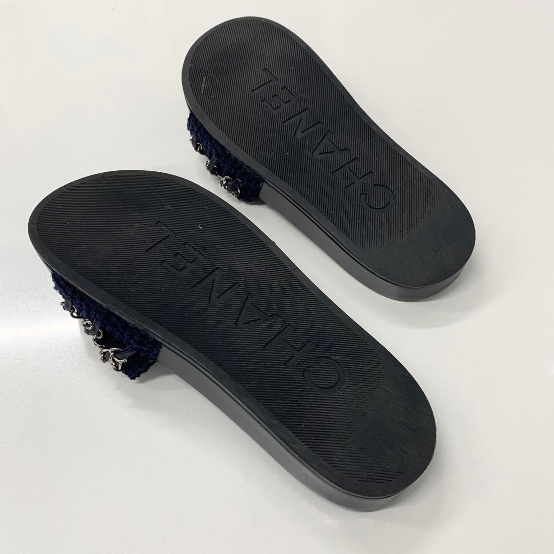 Chanel CC Logo Chain Fabric Leather Flat Sandals Navy — view 6