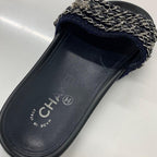 Chanel CC Logo Chain Fabric Leather Flat Sandals Navy — view 7