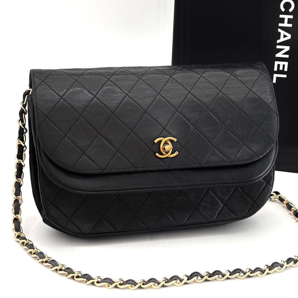 Chanel Quilted Chain Shoulder Bag Black Lambskin