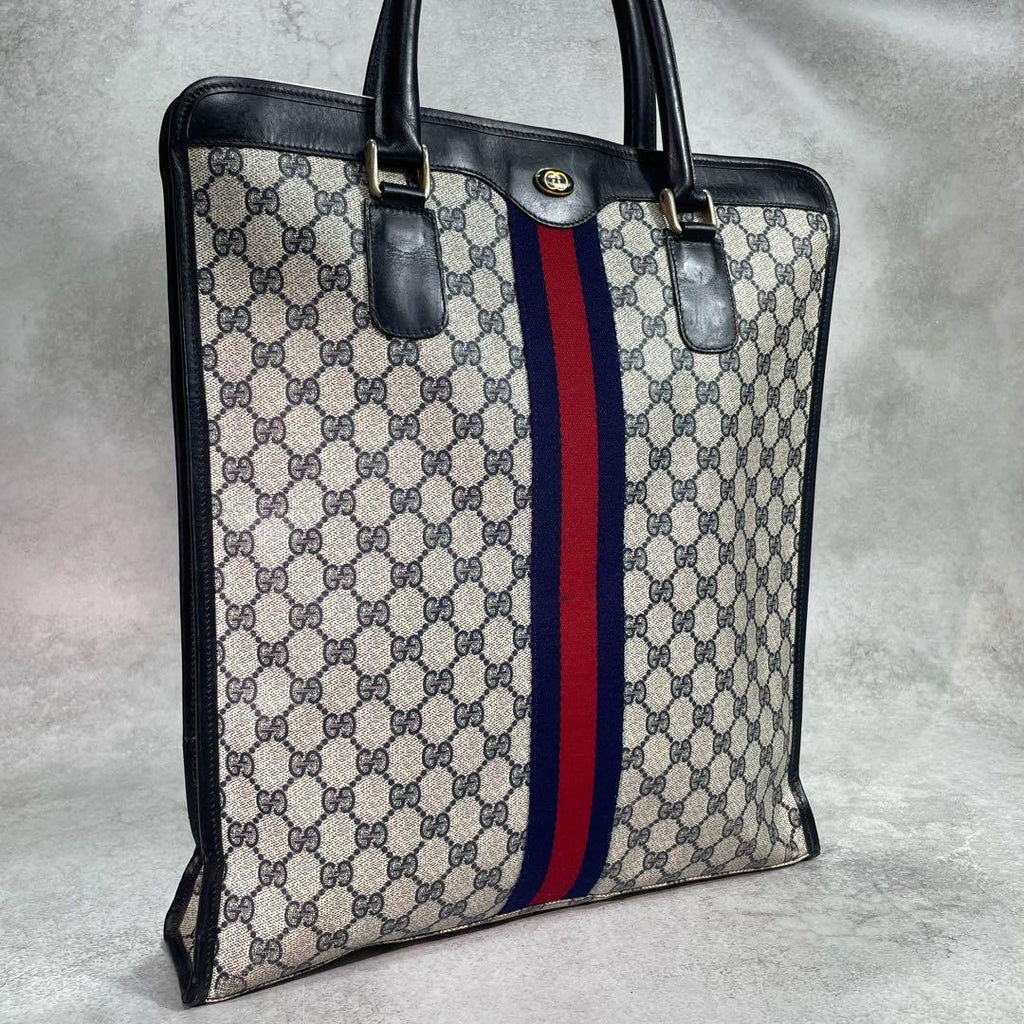Gucci GG Sherry Line Tote Bag Navy Beige Leather
