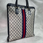 Gucci GG Sherry Line Tote Bag Navy Beige Leather