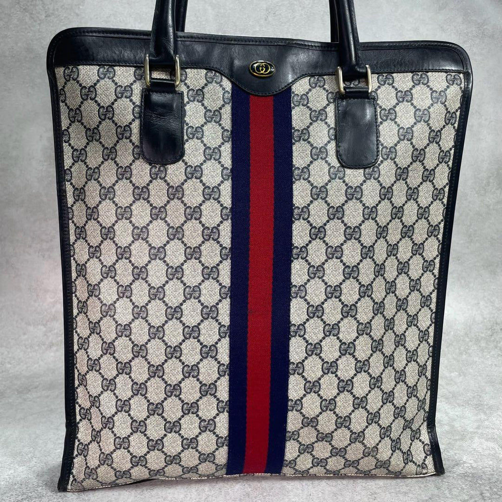 Gucci GG Sherry Line Tote Bag Navy Beige Leather — view 2