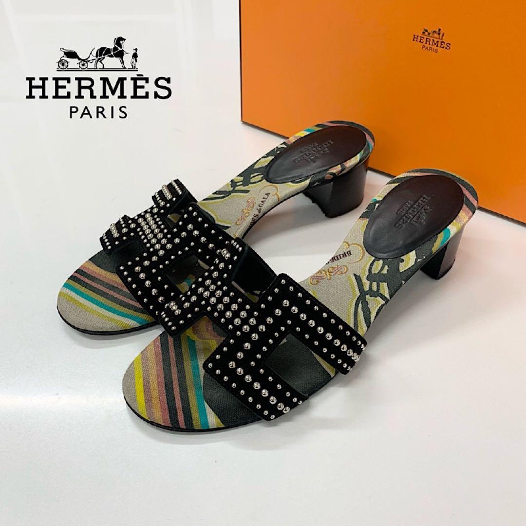 Hermes Oasis Suede Studded Sandals Multicolor