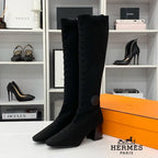 Hermes Vol Vert Knit Leather Exlibris Long Boots Black