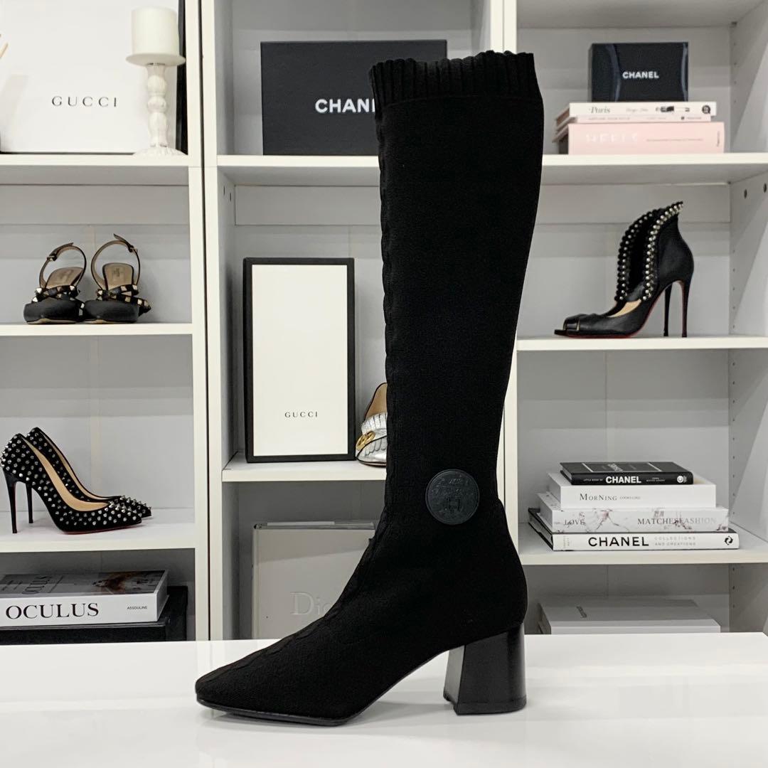 Hermes Vol Vert Knit Leather Exlibris Long Boots Black — view 3